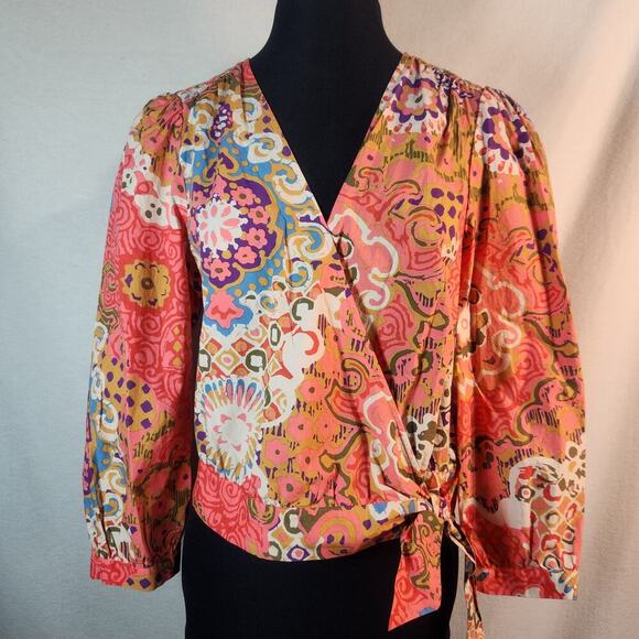100% Cotton J Crew Medium Wrap-Around Top Waist Length Bright Colors Button Cuff - Picture 1 of 11